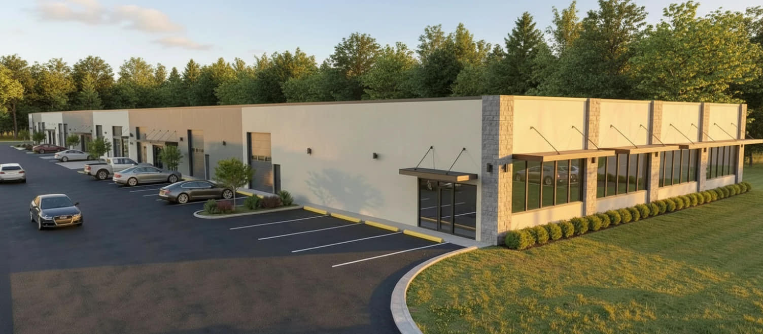 Palmetto Business Park at golden hour: a long flex-industrial building with glass storefronts and stone piers at the near end, drive-in roll-up doors down the side, and marked parking along a curved drive.