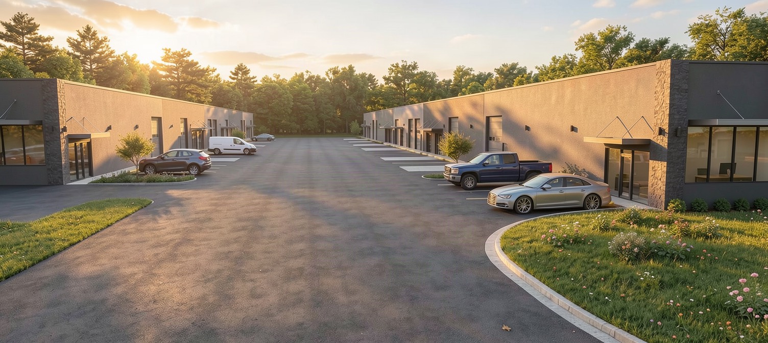 Looking down the drive between the two Phase I buildings at Palmetto Business Park.