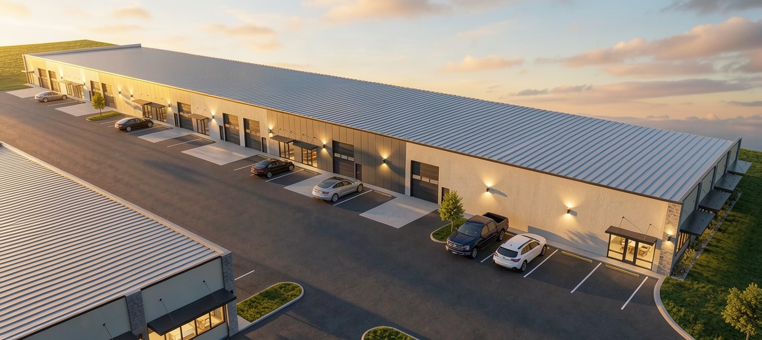 Aerial view of Palmetto Business Park showing drive-in doors and storefront entrances along both buildings.